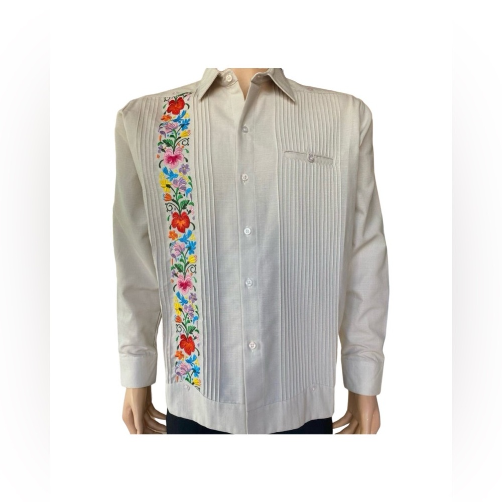Men’s Linen Cream Guayabera with Floral Embroidery Long Sleeve
